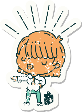 Bir insan tarafından çizilmiş dövme stili bir iş kadınının eski çıkartması.