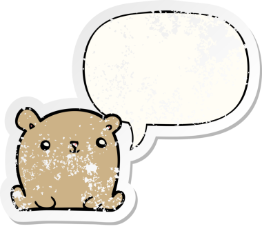 Konuşma baloncuğu olan sevimli çizgi film ayısı bir insan tarafından çizilmiş sıkıntılı eski bir çıkartma