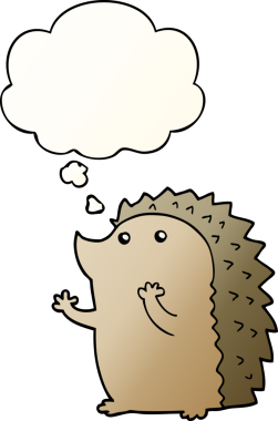 Çizgi film kirpisi. Düşünce baloncuğu insan tarafından çizilmiş.