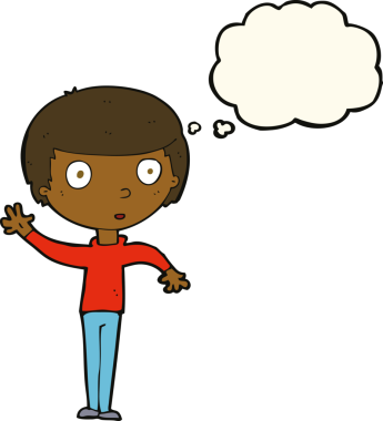 Bir insan tarafından çizilmiş düşünce baloncuğu olan bir çocuk.