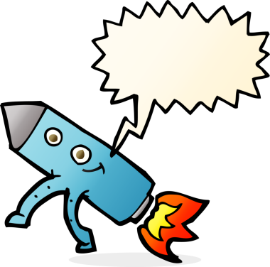 bir insan tarafından çizilmiş konuşma balonlu mutlu roket.