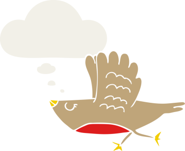 Düşünce baloncuğu olan çizgi film kuşu insan tarafından çizilmiş.