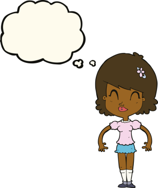 Bir insan tarafından çizilmiş düşünce baloncuğu olan mutlu, güzel bir kadın.