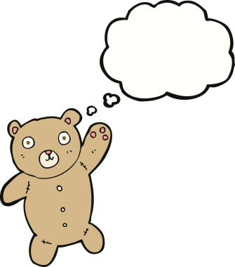 Bir insan tarafından çizilmiş düşünce baloncuklu şirin oyuncak ayı.