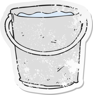 Bir insan tarafından çizilmiş karikatür bir kova suyun sıkıntılı retro yapıştırması