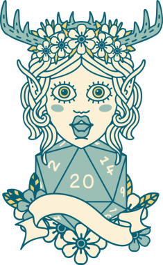 Retro Dövme Tarzı Elf Druid Bir insan tarafından çizilmiş doğal yirmi zar ile