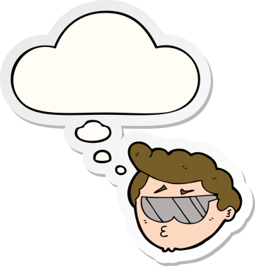 Düşünce balonlu güneş gözlüğü takan çizgi film çocuğu bir insan tarafından çizilmiş çıkartma gibi.