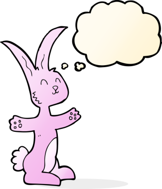 Bir insan tarafından çizilmiş düşünce kabarcığı olan çizgi film tavşanı.