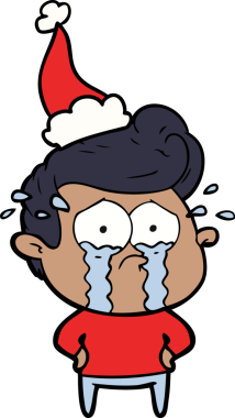 Bir insan tarafından çizilmiş Noel Baba şapkası giymiş ağlayan bir adamın el çizimi.