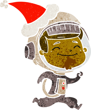 Mutlu el çizimi, Noel Baba şapkası takan bir astronotun insan tarafından çizilmiş retro karikatürü.