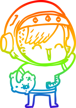 gökkuşağı gradyan çizimi mutlu uzay kızı bir insan tarafından çizilmiş ay taşını tutuyor