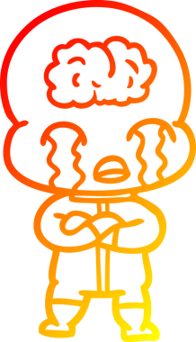 Bir çizgi filmin sıcak çizgi çizimi. Bir insan tarafından çizilmiş ağlayan büyük beyin uzaylısı.