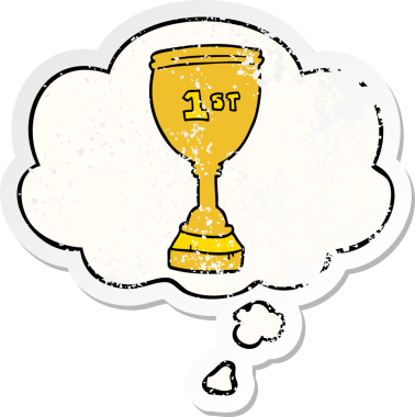 Düşünce baloncuklu çizgi film spor kupası bir insan tarafından çizilmiş yıpranmış bir çıkartma.