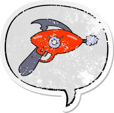 Konuşma balonlu karikatür ışın tabancası bir insan tarafından çizilmiş sıkıntılı eski bir çıkartma