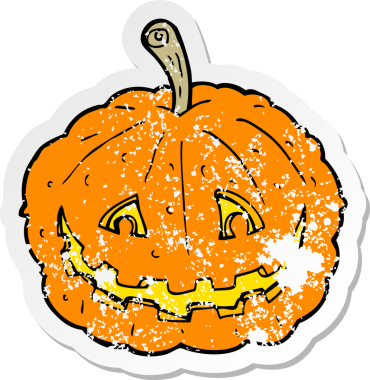 Bir insan tarafından çizilmiş sırıtan balkabağı çizgi filminin kederli retro yapıştırması.