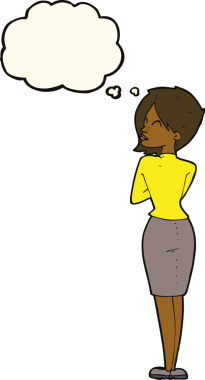 Bir insan tarafından çizilmiş düşünce baloncuğuyla görmezden gelen iş kadını.