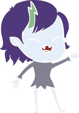 Bir insan tarafından çizilmiş düz renkli çizgi film gülen vampir kız.