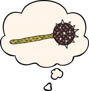 Bir insan tarafından çizilmiş çizgi roman tarzında düşünce baloncuğu olan ortaçağ topuzu çizgi filmi.