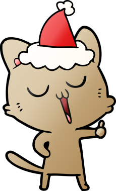 Bir insan tarafından çizilmiş Noel Baba şapkası giymiş bir kedinin el çizimi karikatürü.