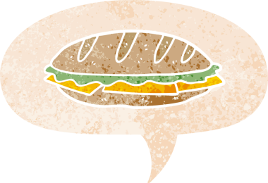 Bir insan tarafından çizilmiş grunge dertli retro tarzı konuşma balonlu karikatür peynirli sandviç