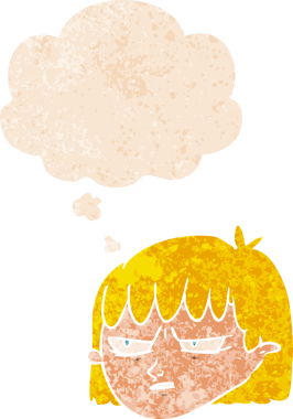 Düşünce baloncuğu olan kızgın karikatür bir insan tarafından çizilmiş dertli retro stili.