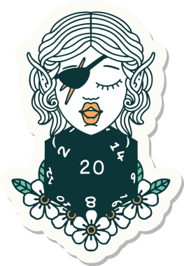 Bir insan tarafından çizilmiş doğal yirmi zarlı düzenbaz bir elf karakterinin çıkartması.