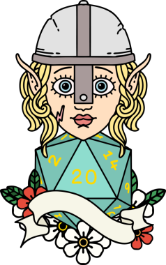 Retro Tattoo stili elf dövüşçüsü. Bir insan tarafından çizilmiş 20 zar ile.