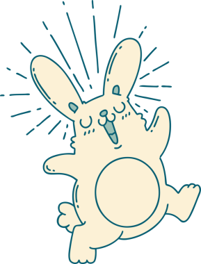 Bir insan tarafından çizilmiş geleneksel dövme tarzı zıplayan bir tavşanın resmi.