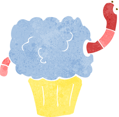 Bir insan tarafından kapkekin içine çizilmiş solucan çizgi filmi.