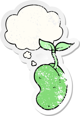 Düşünce baloncuğu ile filizlenen çizgi film bir insan tarafından çizilmiş yıpranmış bir çıkartma gibi.