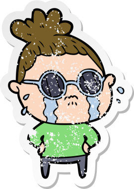 Bir insan tarafından çizilmiş güneş gözlüğü takan, ağlayan bir karikatür çıkartması.