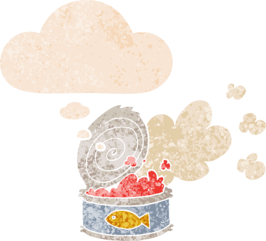 çizgi film kokulu balık konservesi ve grunge 'daki düşünce baloncuğu bir insan tarafından çizilmiş rahatsız edilmiş retro dokuma tarzı.