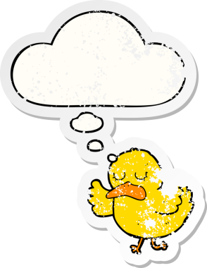 Düşünce baloncuğu olan çizgi film ördeği insan tarafından çizilmiş yıpranmış bir çıkartma.