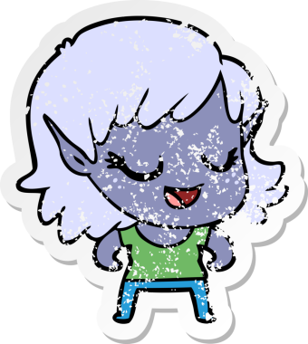 Bir insan tarafından çizilmiş mutlu bir elf kızının sıkıntılı çıkartması.