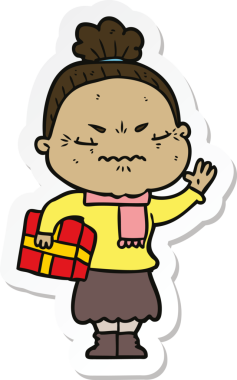 Çizgi film çıkartması. Bir insan tarafından çizilmiş yaşlı bir kadın.