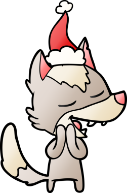 Bir insanın çizdiği Noel Baba şapkasıyla gülen bir kurdun el çizimi karikatürü.