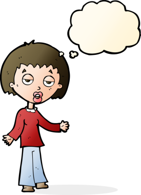 Bir insan tarafından çizilmiş düşünce baloncuğu olan yorgun bir kadın.