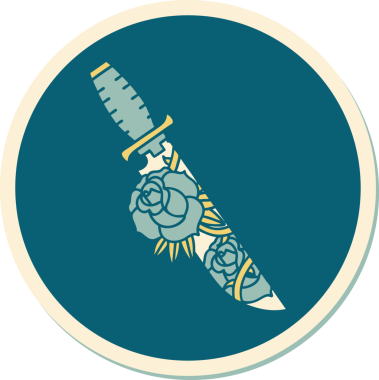 Geleneksel bir hançer stili dövme çıkartması ve bir insan tarafından çizilmiş çiçekler.