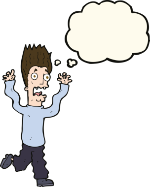 Bir insan tarafından çizilmiş düşünce baloncuğuyla dehşete düşmüş bir adam.