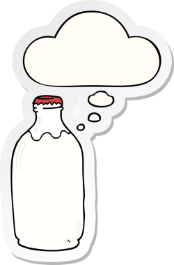 Düşünce baloncuklu süt şişesi insan tarafından çizilmiş bir çıkartma.