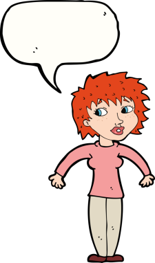 Bir insan tarafından çizilmiş konuşma baloncuğuyla omuz silken çizgi film kadını.