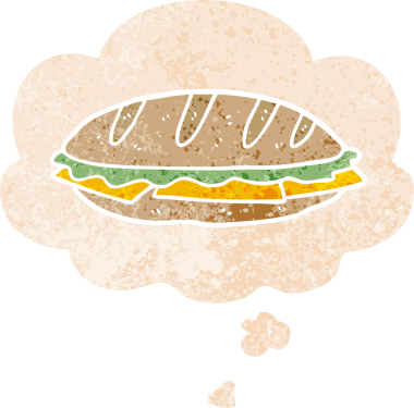 Düşünce baloncuklu karikatür peynirli sandviç bir insan tarafından çizilmiş dertli retro desenli