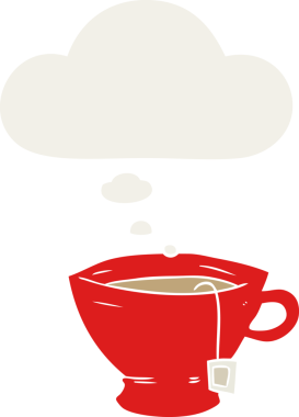 Düşünce baloncuklu bir çay fincanı insan tarafından çizilmiş.