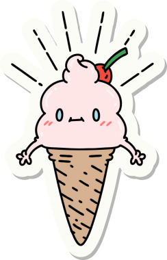 Bir insan tarafından çizilmiş dövme stili dondurma karakterinin çıkartması.