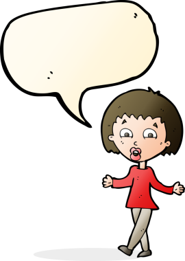 Bir insan tarafından çizilmiş konuşma baloncuğuyla omuz silken çizgi film kadını.