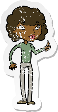 Bir insan tarafından çizilmiş baş parmak işareti veren karikatürlü bir kadının gerilimli retro çıkartması.