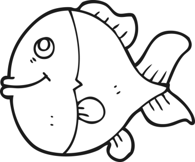 Bir insan tarafından çizilmiş siyah beyaz karikatür balığı.