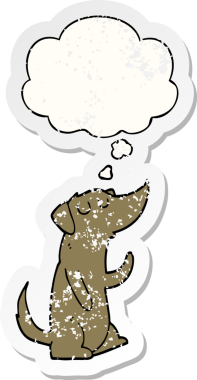 Düşünce baloncuğu olan çizgi film köpeği insan tarafından çizilmiş yıpranmış bir çıkartma gibi.