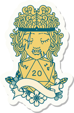 Bir insan tarafından çizilmiş 20 zarlı yarı ork barbar bir karakterin çıkartması.