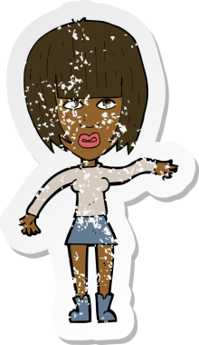 Bir insan tarafından el sallanan karikatürlü bir kadının gerilmiş çıkartması.